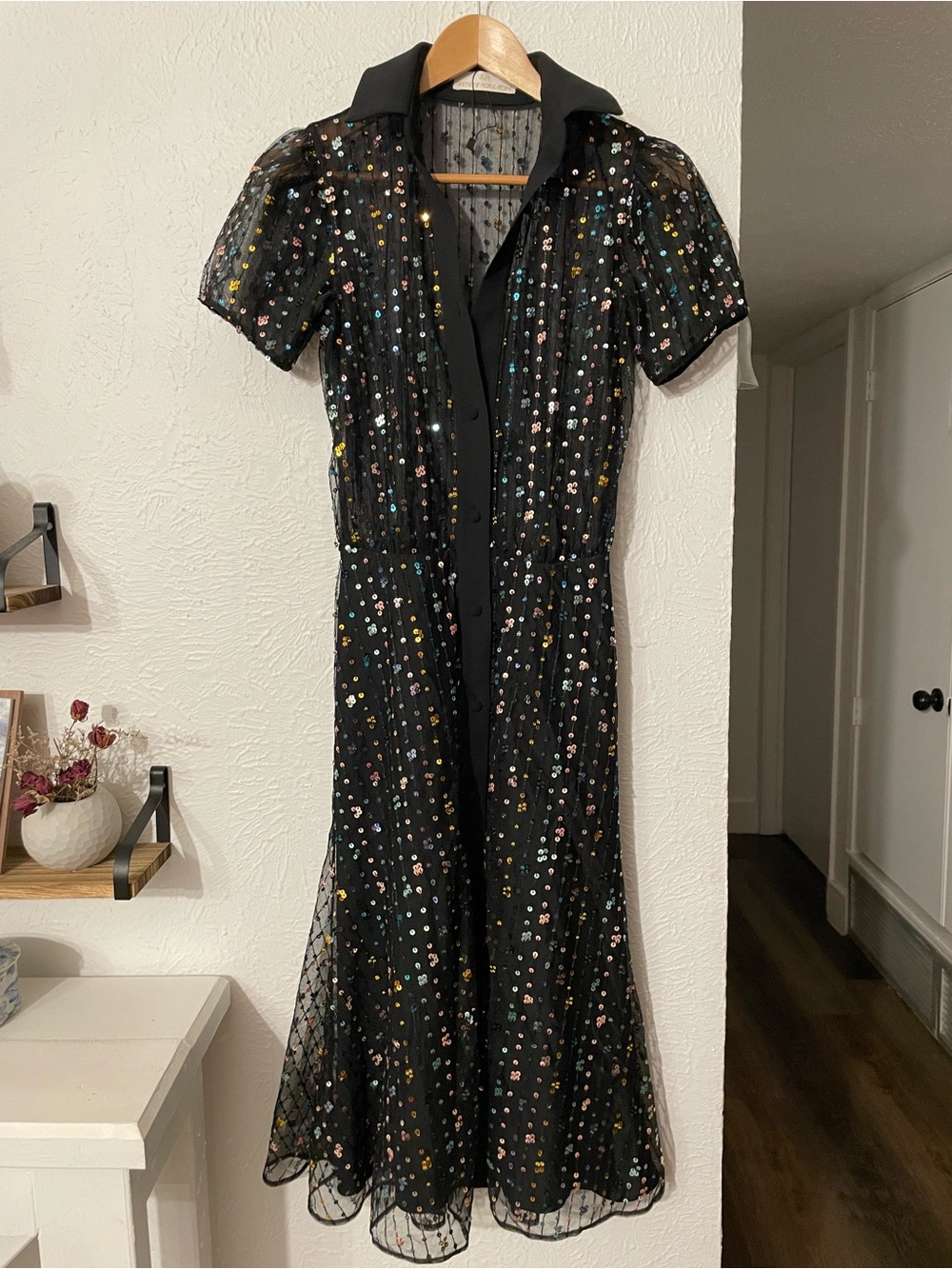 Dress the Population Black Sequin Collared Midi Dress Multicolor Button Down XS